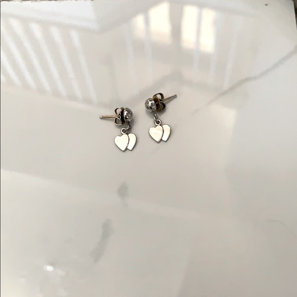 Silver Double Heart Dangle Stud Post Earrings - Picture 1 of 3